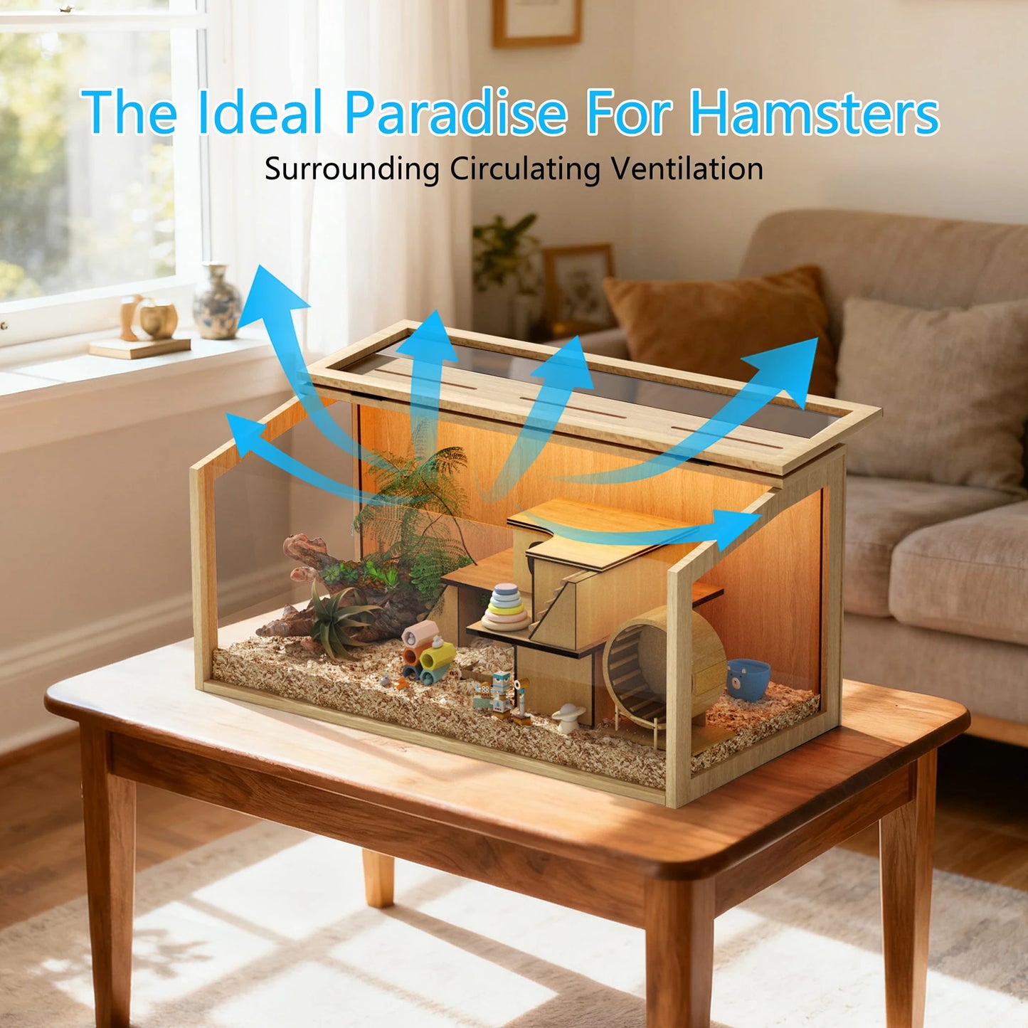 Wooden Hamster Cage Guinea Pig Cage Clear Small Animal cage with Open top Hamster Habitat Wooden Frame Tempered Glass Panels