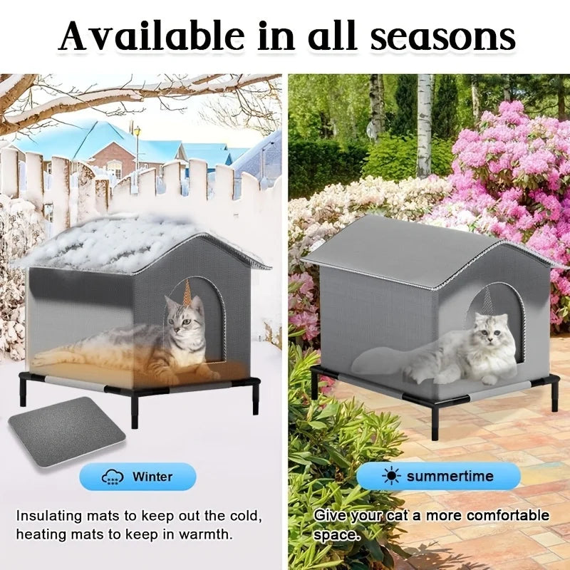 Outdoor Cat House with Stand Insulated Foam Shelter Fluffy Blankets Rainproof Winter Shelter Cave Beds for Small Dogs Kittens