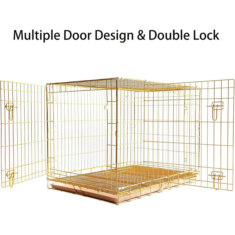 dog crate 42 inch, copper gold dog kennel | portable & foldable metal wire cage for large dogs with pull-out floor grid, easy-cl