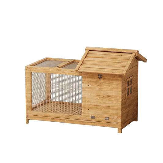 Weatherproof Wooden Rabbit Cage with Metal Frame Ramp, Removable Wire Netting & Tray, for Small Animals Coop House