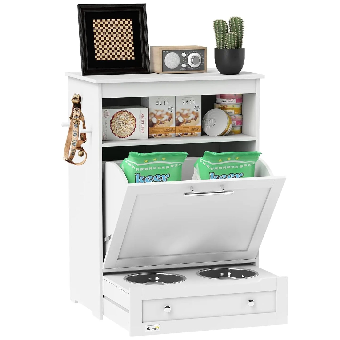 Dog Feeding Station with Raised Bowls & Storage Cabinet, Pet Feeder Cabinet Container with Hanger for Feeding &, Customized