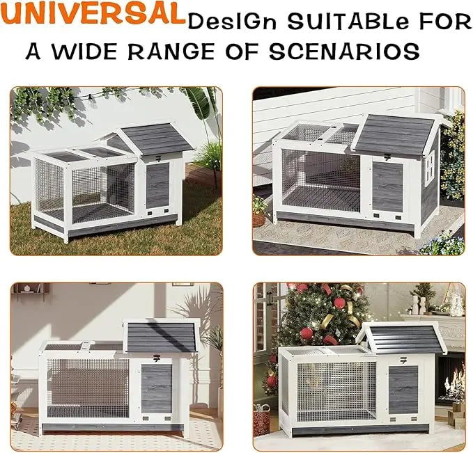 Weatherproof Wooden Rabbit Cage with Metal Frame Ramp, Removable Wire Netting & Tray, for Small Animals Coop House