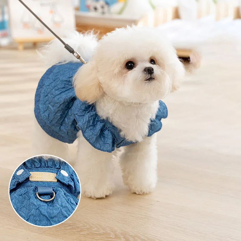 Summer Denim Pet Dress - Flying Sleeve Dog & Cat Outfit with Leash Ring