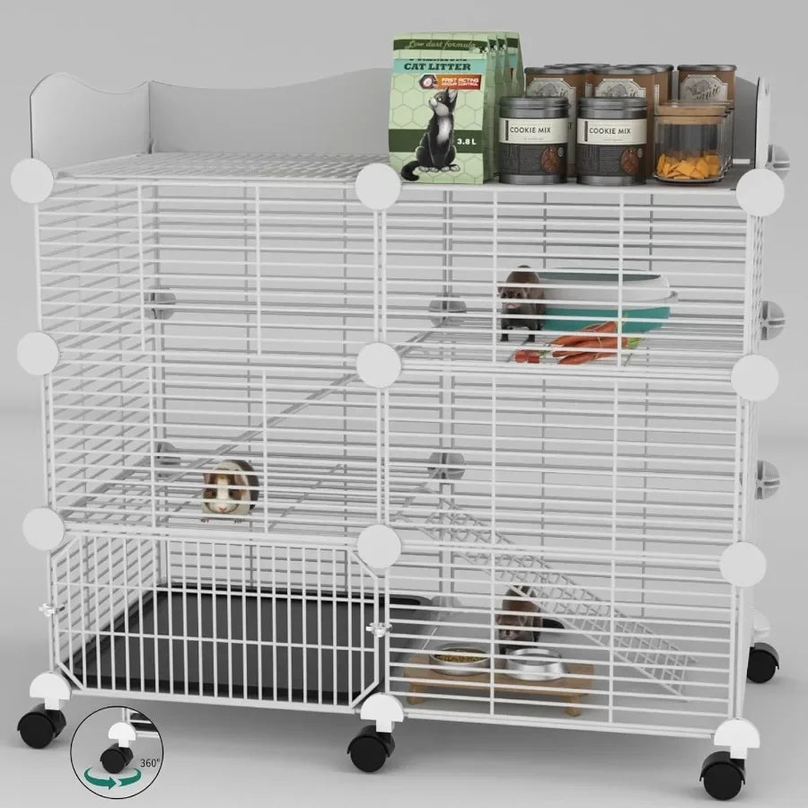 Spacious Indoor Guinea Pig Cages on Wheels with 3 Tier Design and CC Structure Includes Top Cover and Removable Tray for Easy C