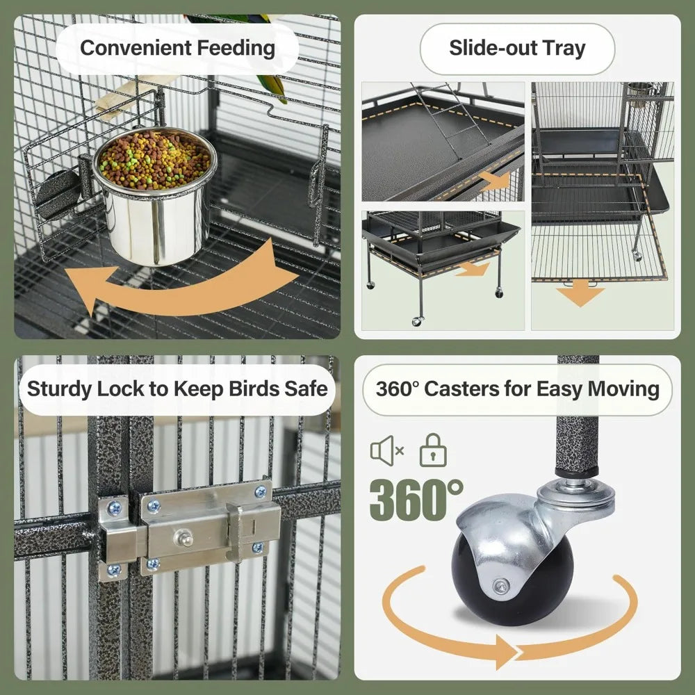 ZENY 68-Inch Birdcage, Playtop Parrot Cage, Wrought Iron Bird Cage with Rolling Stand, Heavy-Duty Pet Bird House for Parrot Cock
