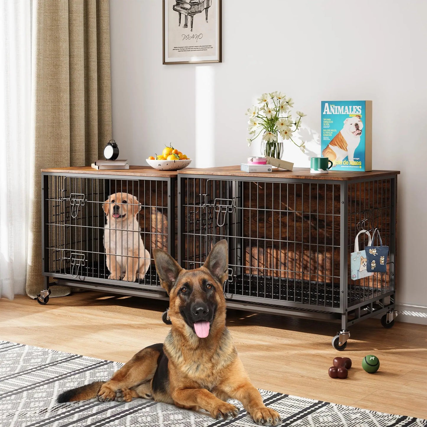 Heavy Duty Metal Dog Crate, Indoor Outdoor Pet Kennel Cage with Shelves, Storage Cabinet, Modern Decorative Dog Cage Furniture,
