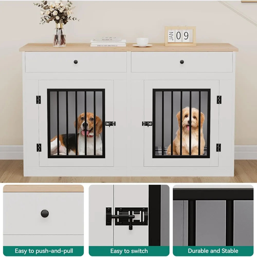 60" Wooden Dog Crate Furniture with Removable Divider & Storage Drawers, Double Door Kennel with Locks for Medium and Large Dog
