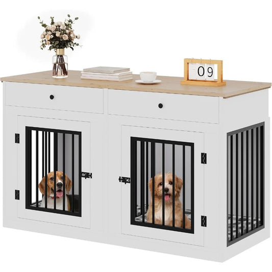 60" Wooden Dog Crate Furniture with Removable Divider & Storage Drawers, Double Door Kennel with Locks for Medium and Large Dog