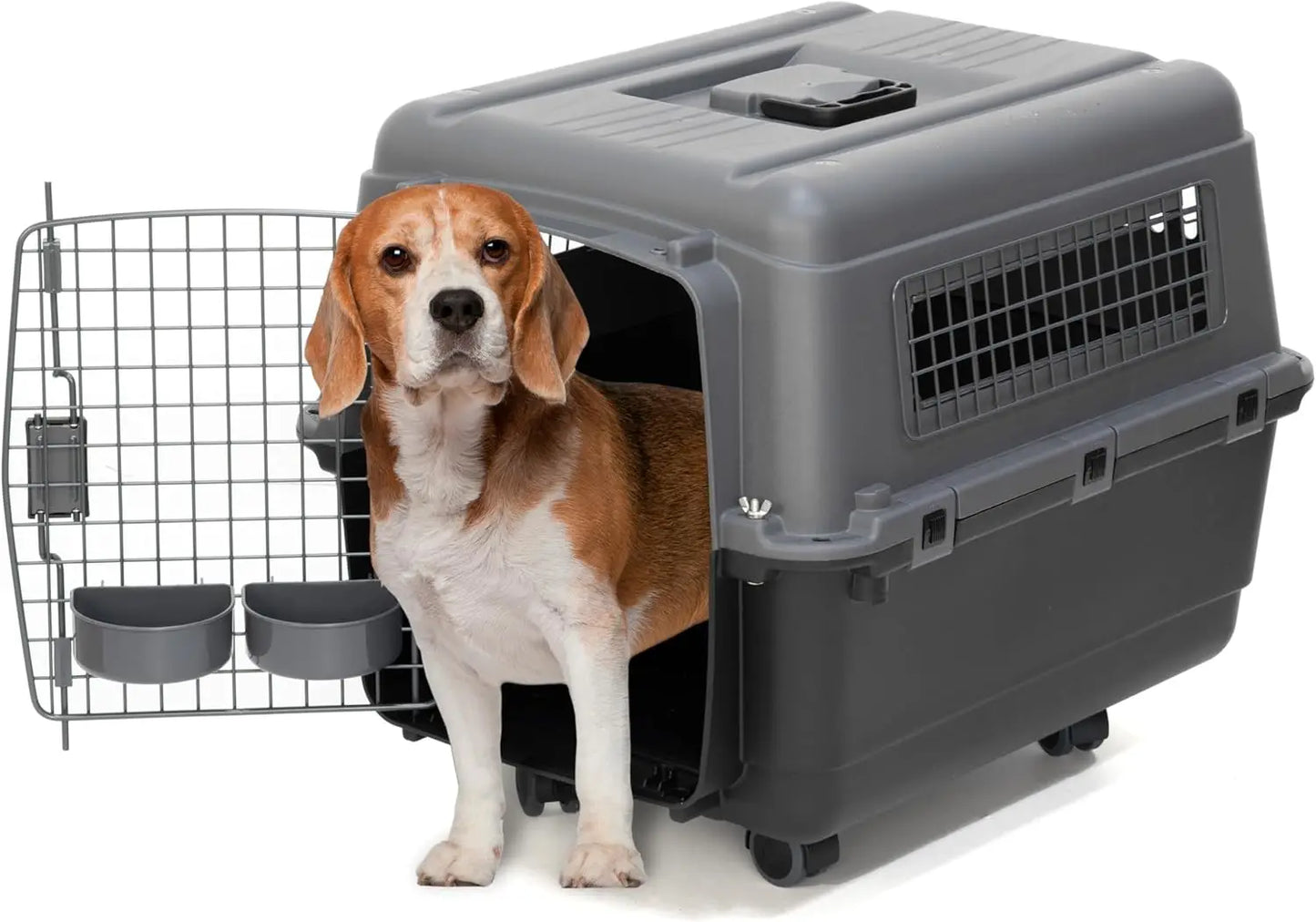 Medium Airline Compliant Dog Kennel with Wheels & Bowls, Collapsible for Travel, Fits Pets up to 23"L