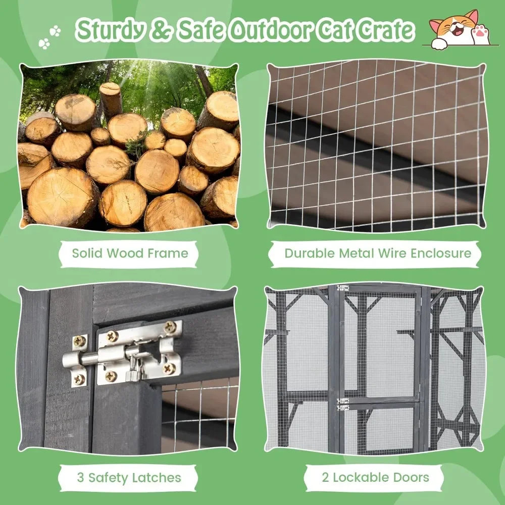 Outdoor Cat Enclosure Large, 71 Inch Outdoor Cat House Weatherproof with Asphalt Roof, Wooden Cat Cage Playpen