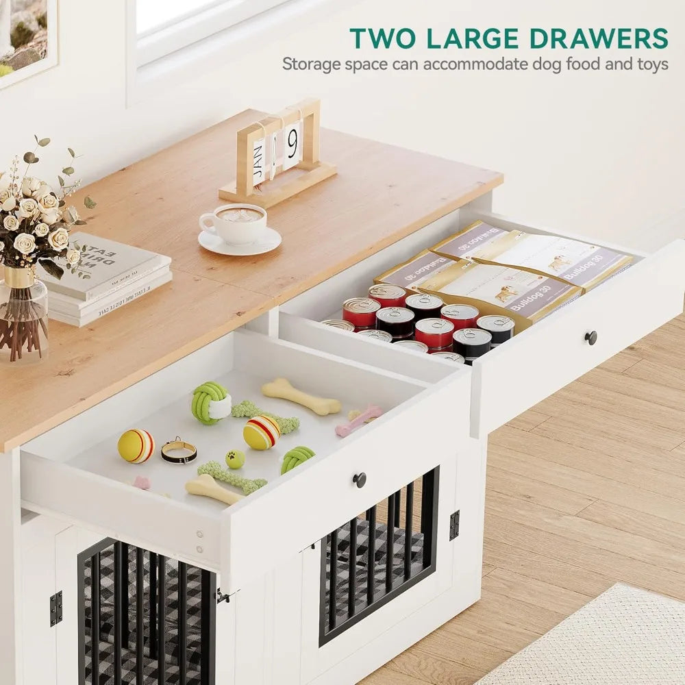 60" Wooden Dog Crate Furniture with Removable Divider & Storage Drawers, Double Door Kennel with Locks for Medium and Large Dog