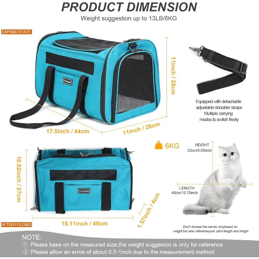Foldable SoftSided Pet Carrier for Cats and Small Dogs Up to 20 Lbs with 4 Ventilated Windows EscapeProof Design Airline Approv