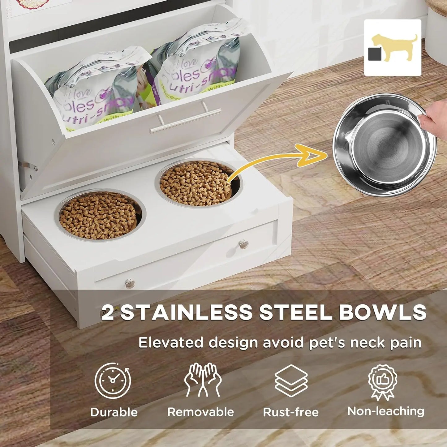 Dog Feeding Station with Raised Bowls & Storage Cabinet, Pet Feeder Cabinet Container with Hanger for Feeding &, Customized