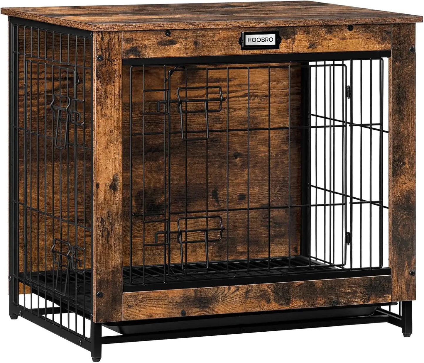 Wooden Dog Crate Furniture with Pull-Out Tray, Double Doors for Small/Medium Dogs, Rustic Brown Indoor Kennel