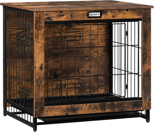 Wooden Dog Crate Furniture with Pull-Out Tray, Double Doors for Small/Medium Dogs, Rustic Brown Indoor Kennel
