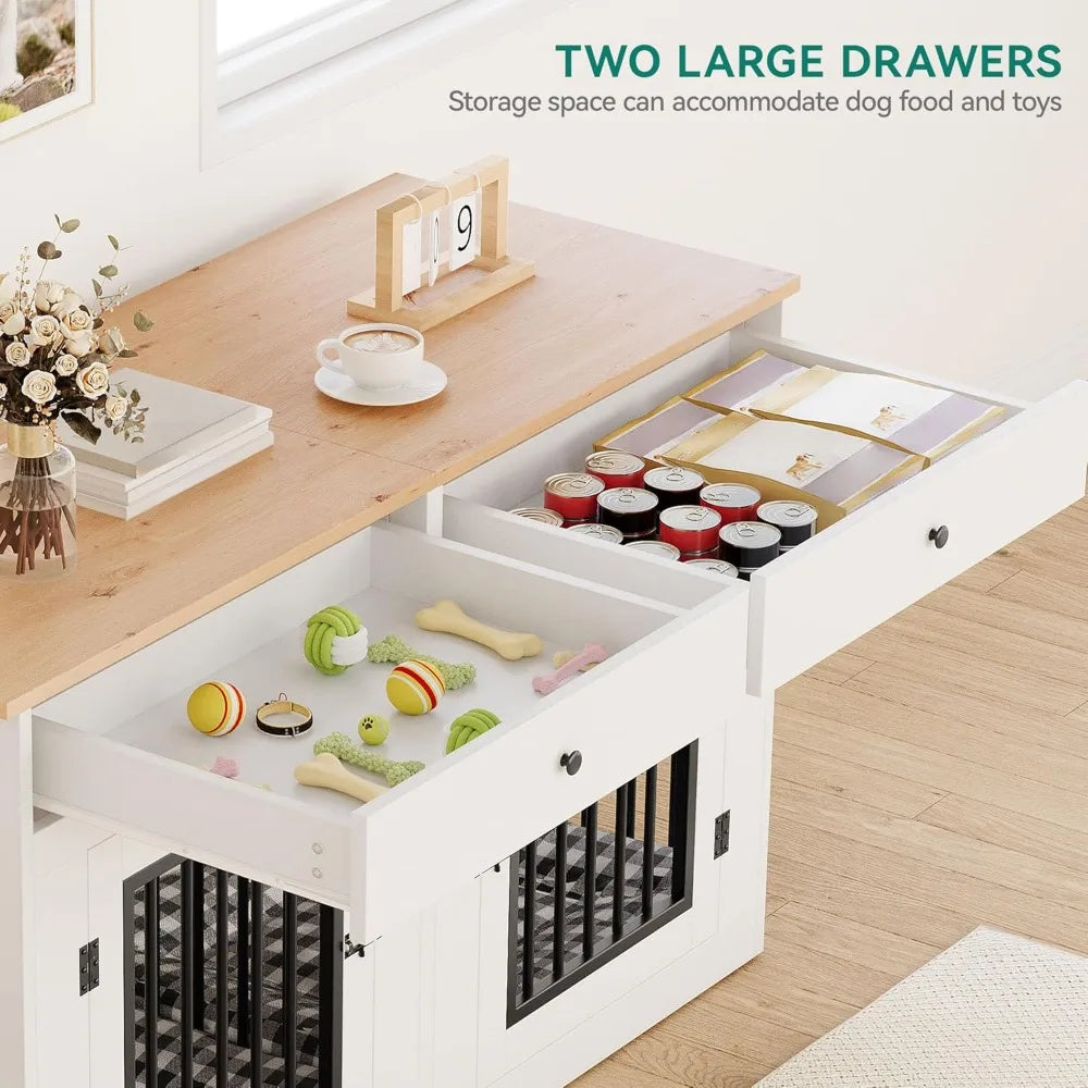 60" Wooden Dog Crate Furniture with Removable Divider & Storage Drawers, Double Door Kennel with Locks for Medium and Large Dog