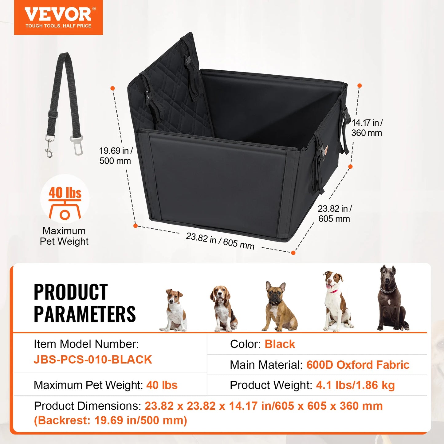 SucceBuy Dog Car Seat Waterproof Dog Booster Seat Pet Car Seat with Clip-On Safety Leash PP Cotton Car Bed for Medium Large Dog