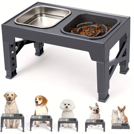 5-in-1 Adjustable Dog Food Bowl - Raised Feeder from 3.15" to 12.2" for Small to Large Dogs, Includes Slow Feed Insert