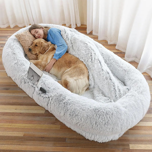 Human Dog Bed 71x45x12", Washable Faux Fur, Orthopedic with Pillow & Blanket, Grey