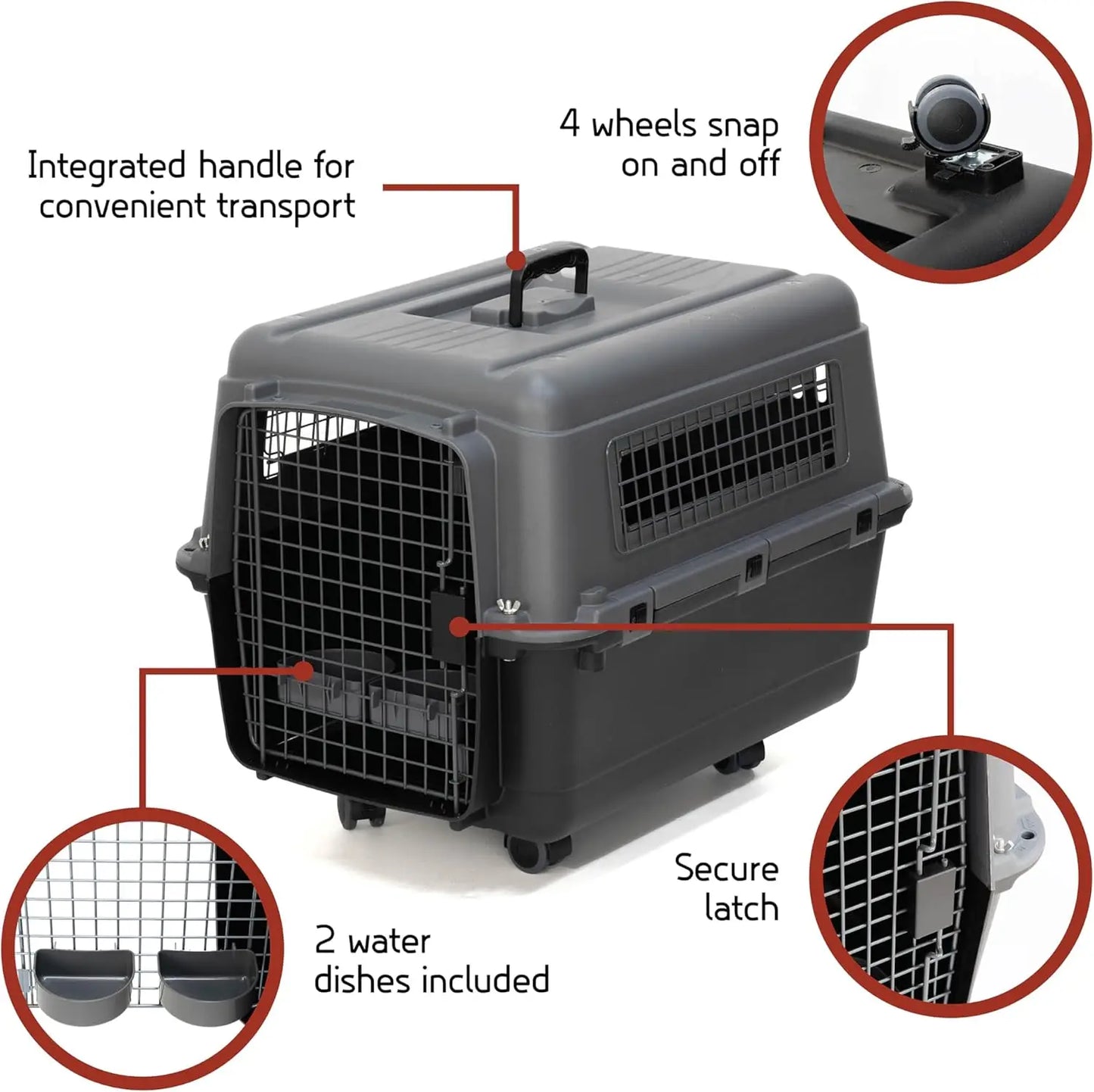 Medium Airline Compliant Dog Kennel with Wheels & Bowls, Collapsible for Travel, Fits Pets up to 23"L