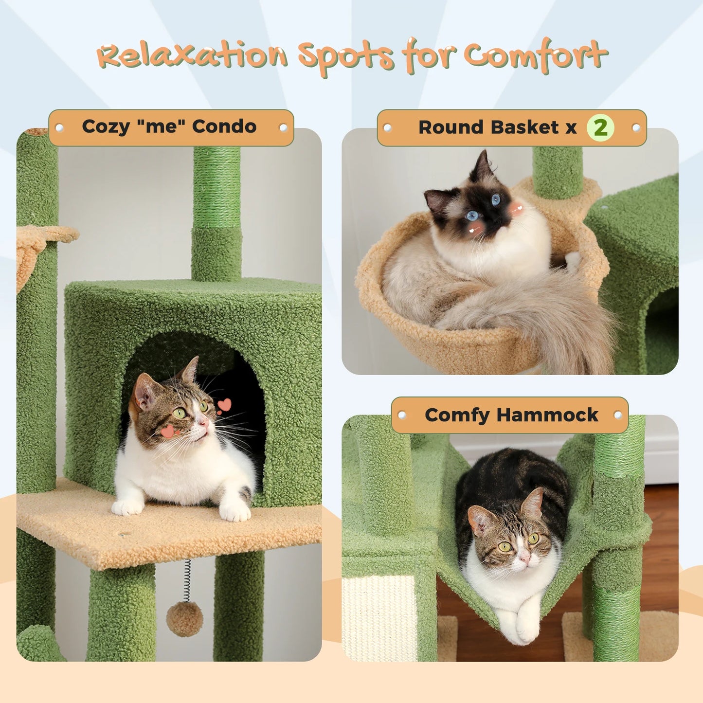 Cactus Cat Tree Floor to Ceiling Cat Tower with Sisal Scratching Post,Comfortable Hammock for Multi-Cat Homes,Cat Accessories