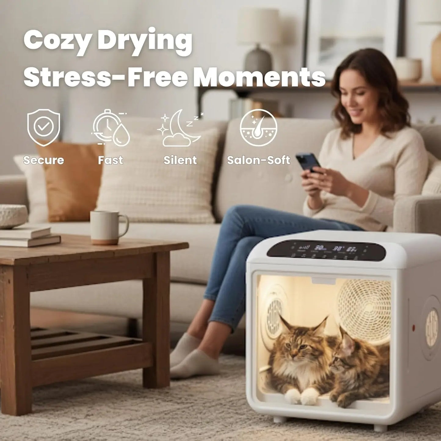 Low Noise Pet Dryer Box with 20 Air Vents Gentle Fur Care Smart App Safety All Season Grooming Custom