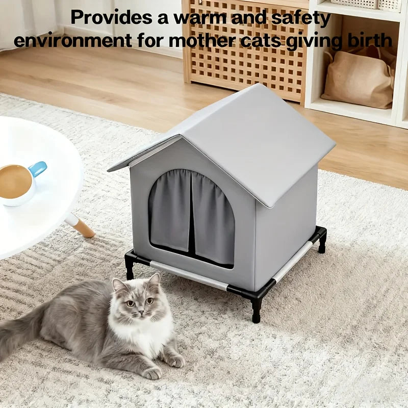 Outdoor Cat House with Stand Insulated Foam Shelter Fluffy Blankets Rainproof Winter Shelter Cave Beds for Small Dogs Kittens