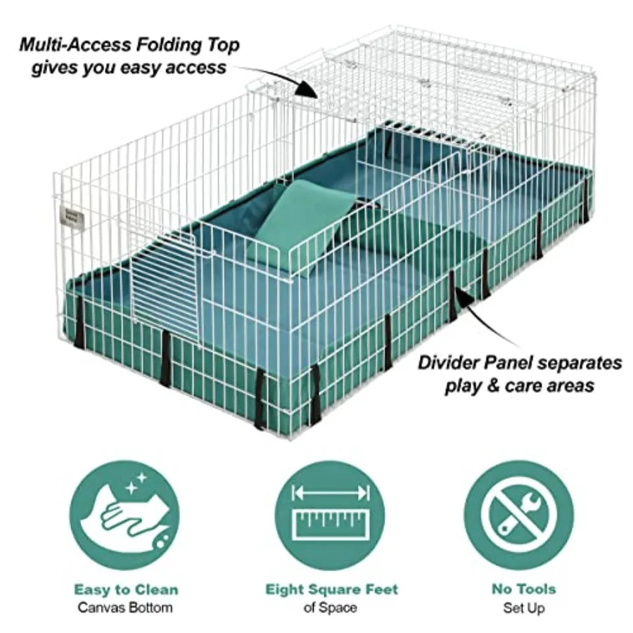 Expandable small animal cage with divider panel and hinged top for guinea pigs featuring washable PVC canvas bottom ideal for m