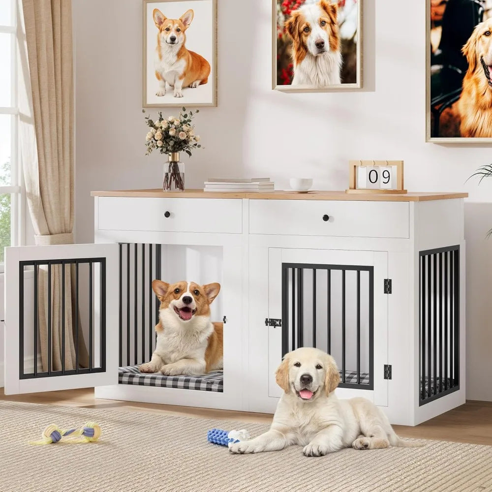60" Wooden Dog Crate Furniture with Removable Divider & Storage Drawers, Double Door Kennel with Locks for Medium and Large Dog