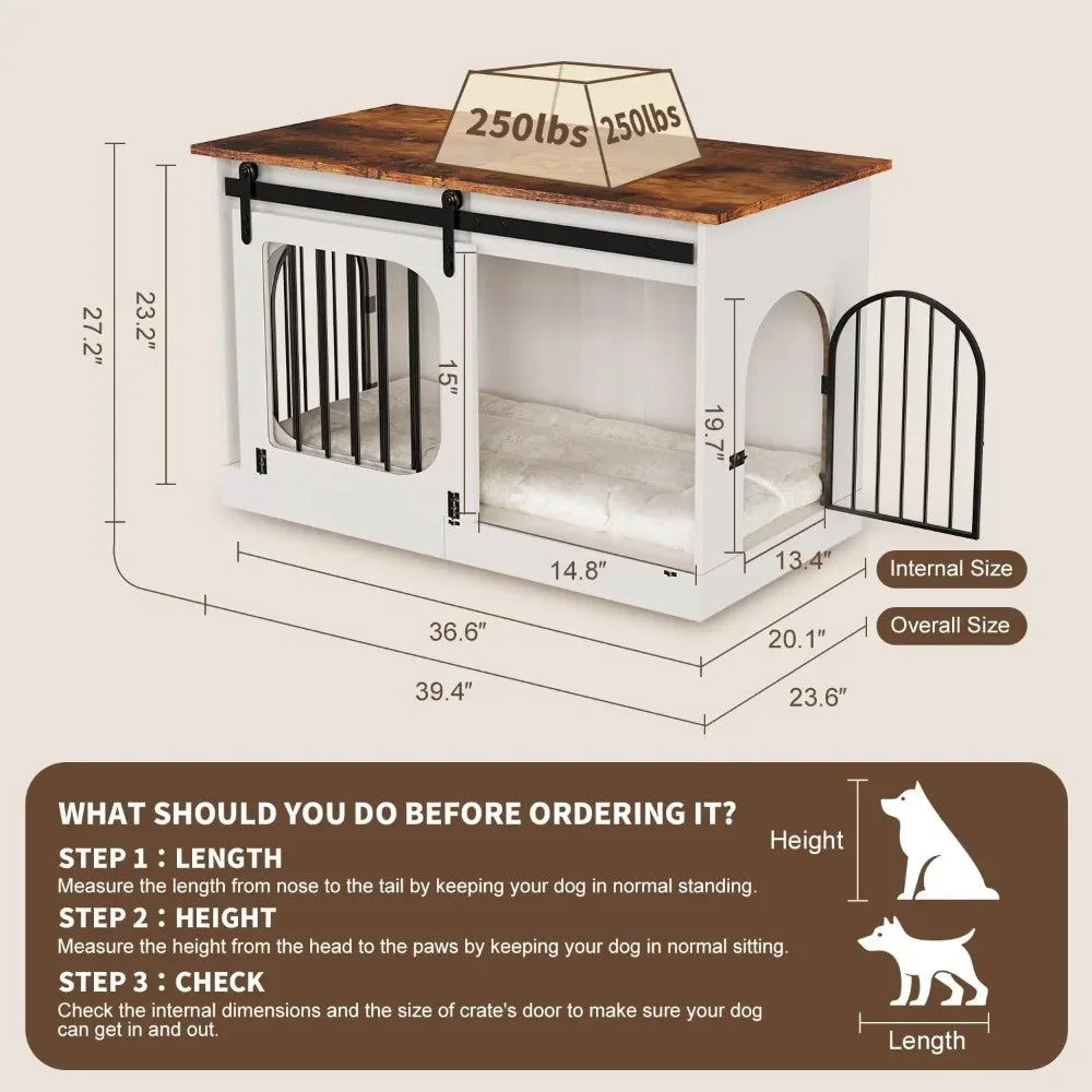 XL Dog Kennel Furniture,39.4 Inch Farmhouse Crate Furniture with Cushion Decorative White Dog Kennel Indoor Thick Wooden