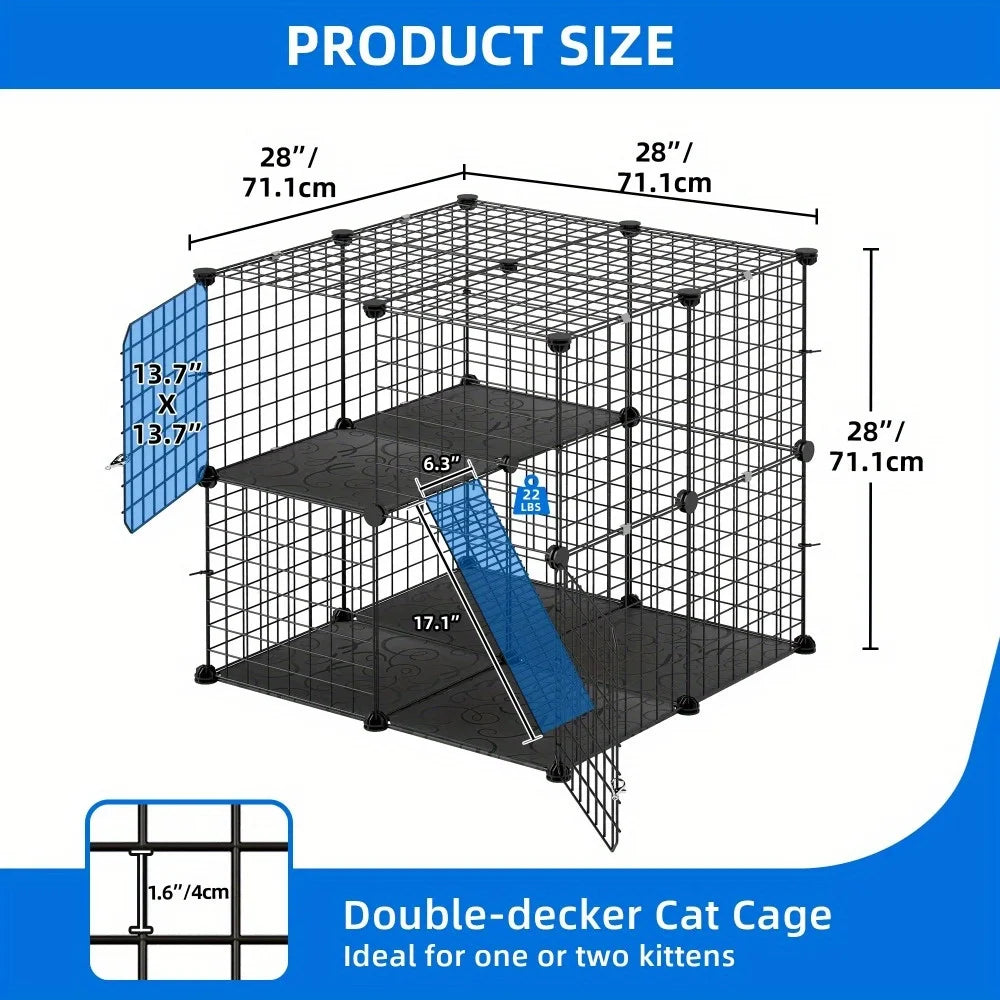 28" Cat Cage, 2 Tier Indoor Cat Enclosures, DIY Cat Playpen Metal Kennel for 1-2 Cats, 28"L x 28"W x 28"H, Black