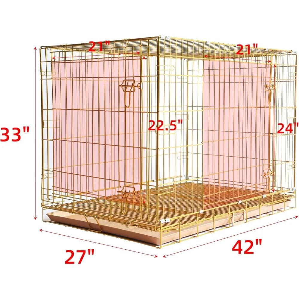 dog crate 42 inch, copper gold dog kennel | portable & foldable metal wire cage for large dogs with pull-out floor grid, easy-cl