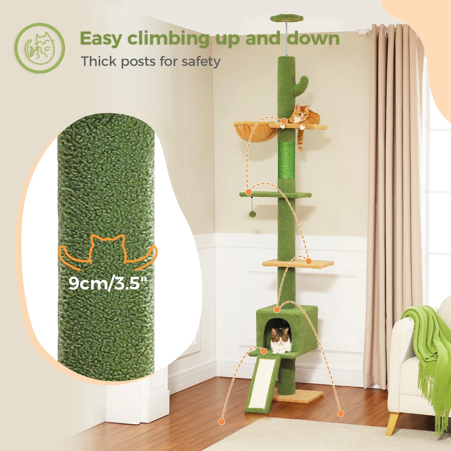 Cactus Cat Tree Floor to Ceiling Cat Tower with Sisal Scratching Post,Comfortable Hammock for Multi-Cat Homes,Cat Accessories