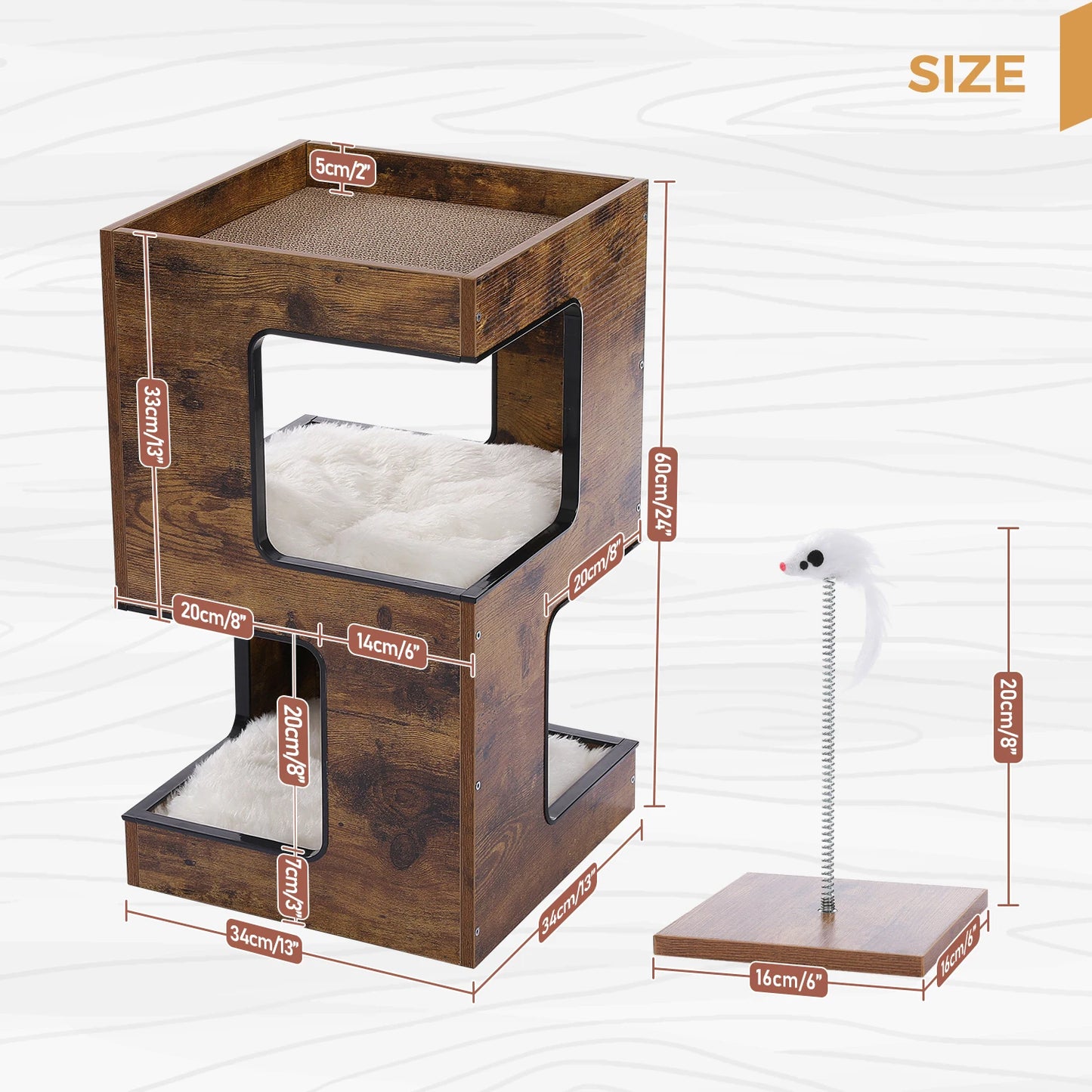 Wood Cat Condo House Bed with Removable Soft Mats Modern Cat Tree Tower with Scratching Pad Cat Scratcher Furniture Kitten Toys