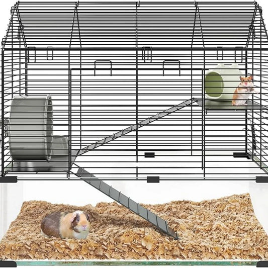 3 Tiers Large Hamster Enclosure, Metal Enclosure + Glass Gerbil Cages, Small Animal Cages for Guinea Pigs Chinchilla Rodent