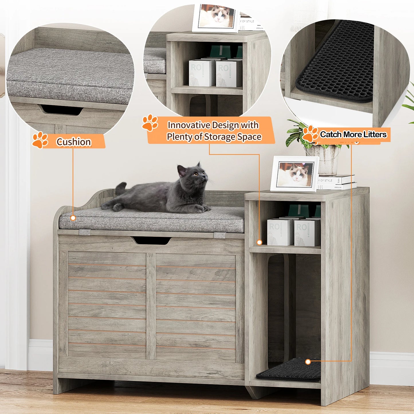 Cat Litter Box Furniture Hidden, Wood Litter Box Enclosure Pet Crate Cat with Cat Scratch Pad Litterbox Furniture Easy Assembly