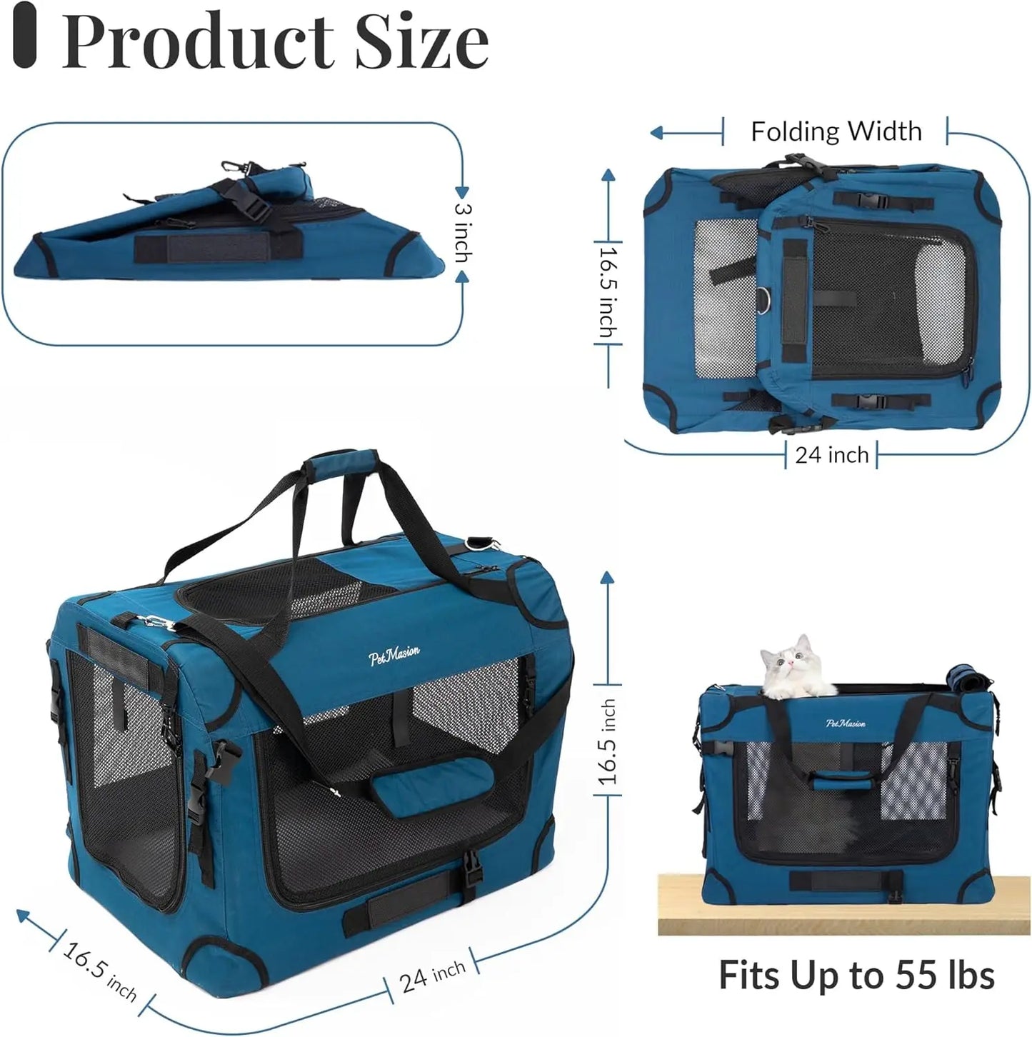 Extra Large Collapsible Cat Carrier for 2 Cats, Soft-Sided Pet Crate Travel Bag 24x16.5x16.5 Inches