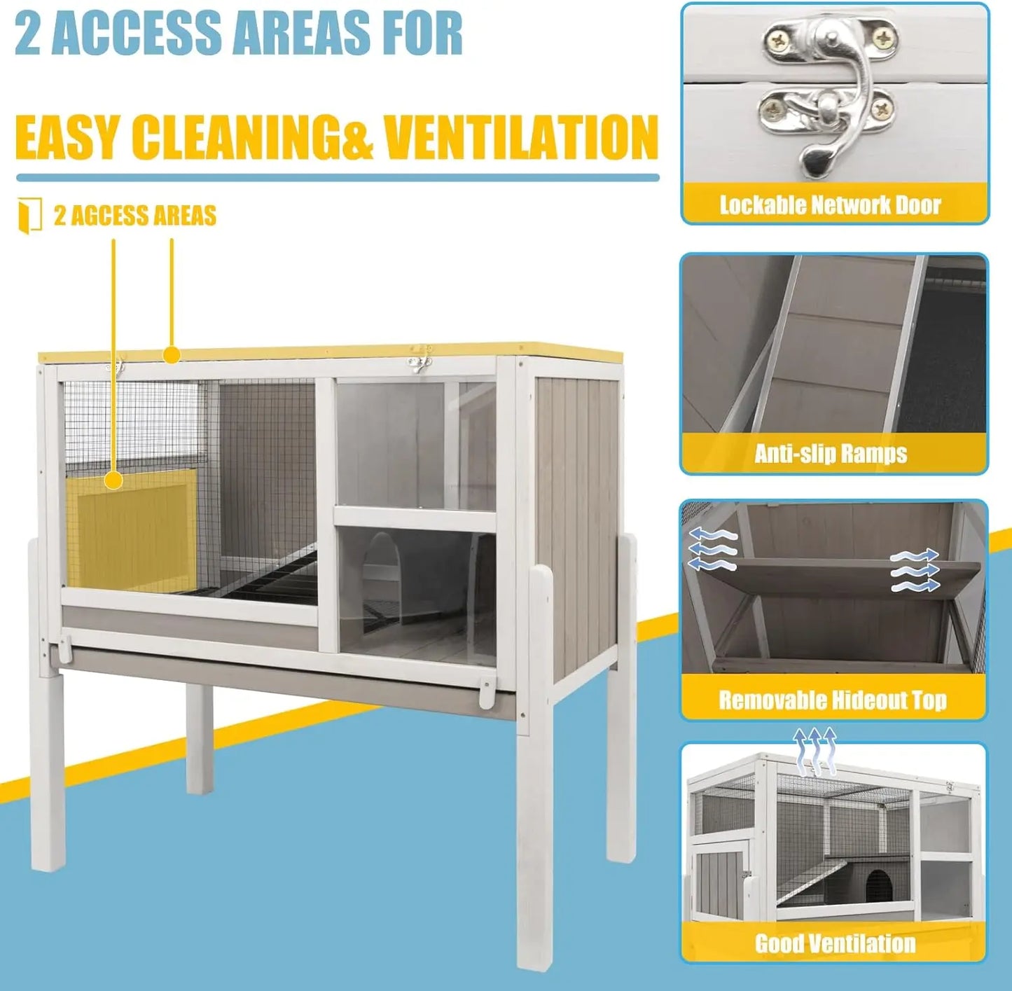 Pig Cages Indoor, Wooden Guinea Pig Cages with Stand, Rabbit Cage Hutch with Ramp and Hideout, Small Animals Cage Habitat