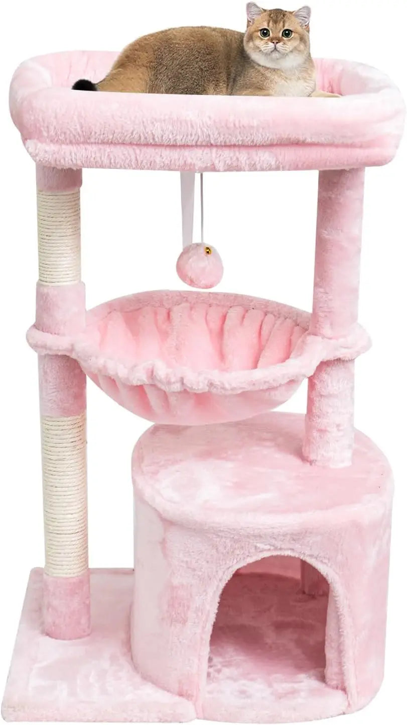 Small Cat Tree for Indoor Cats, Kittens Condo with Scratching Post and Board, Modern Activity Tower with Cradle
