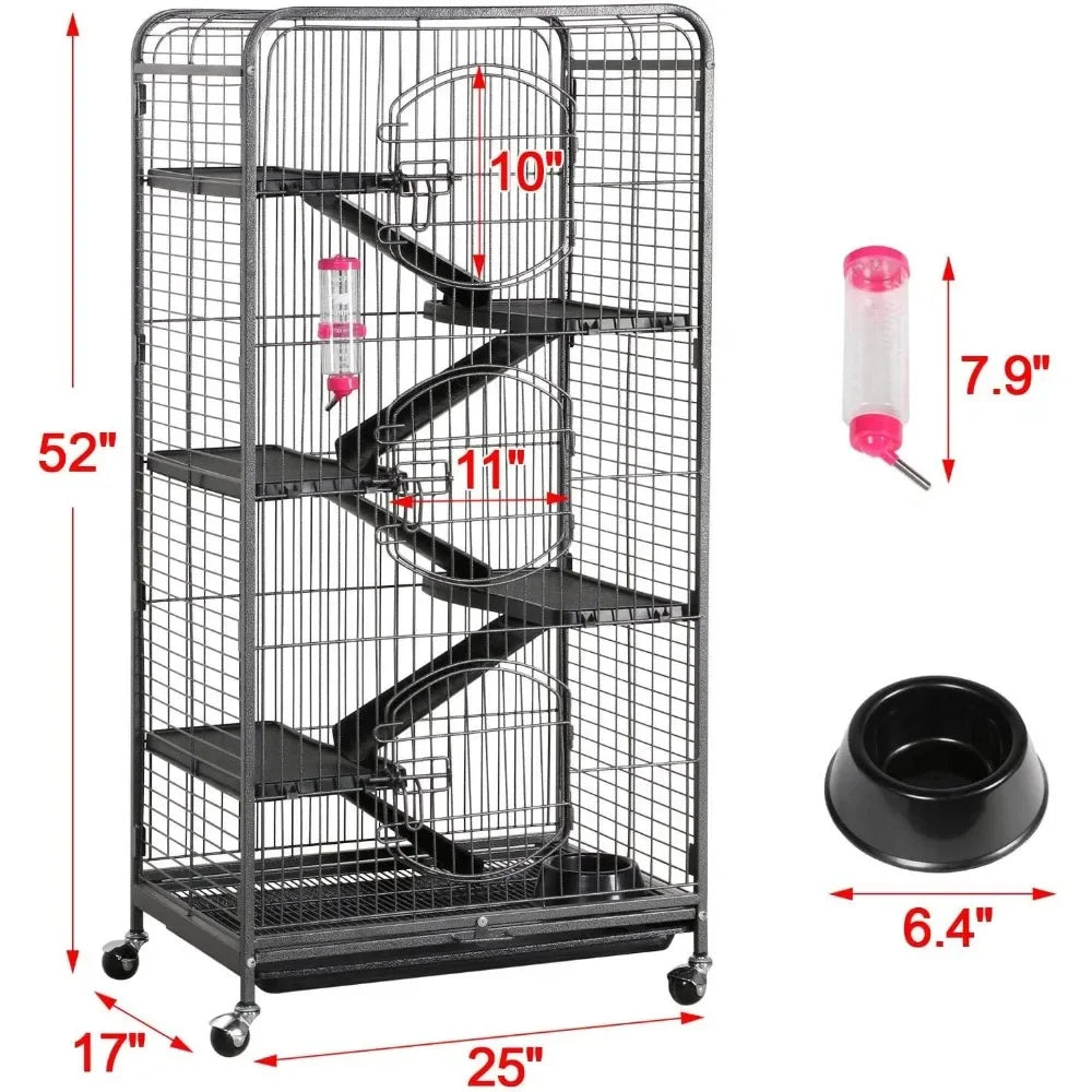 52-inch Ferret Cage 6 Level Metal Rat Cage with 3 Front Doors/Feeder/Wheels Small Animal Cage for Ferret/Chinchilla/Bu