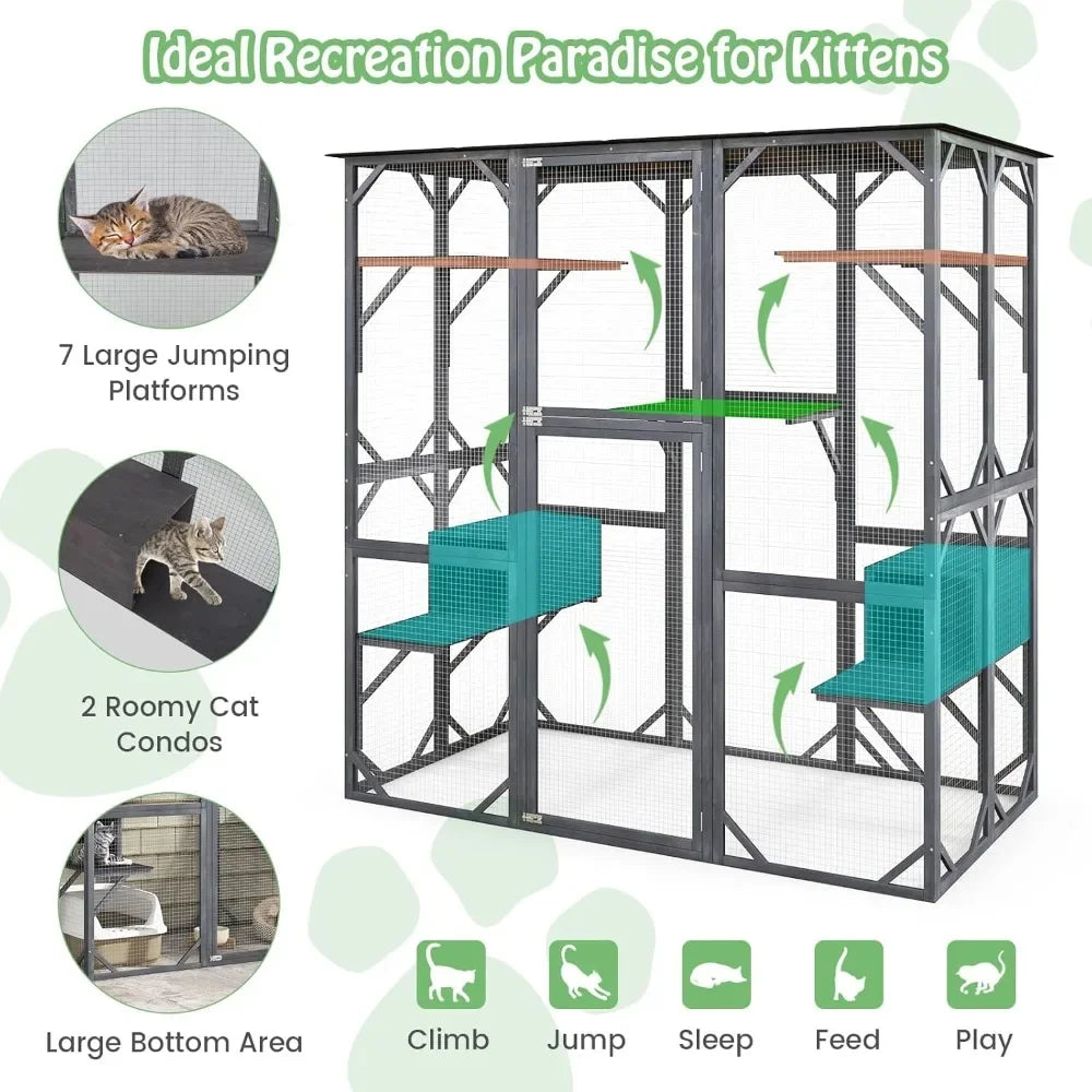 Outdoor Cat Enclosure Large, 71 Inch Outdoor Cat House Weatherproof with Asphalt Roof, Wooden Cat Cage Playpen