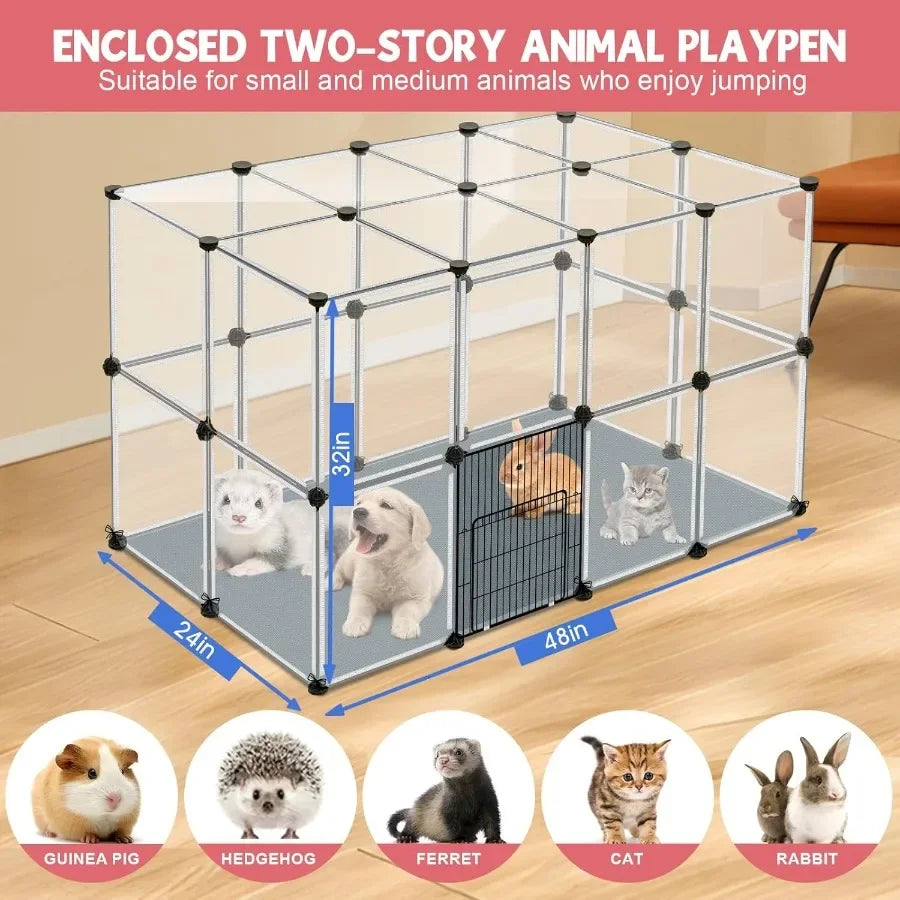 32 Panels Small Animal Playpen 48" x 32" x 24" Transparent Playpen with Waterproof Mat Plastic Enclosure Puppy Play Pen for Chi