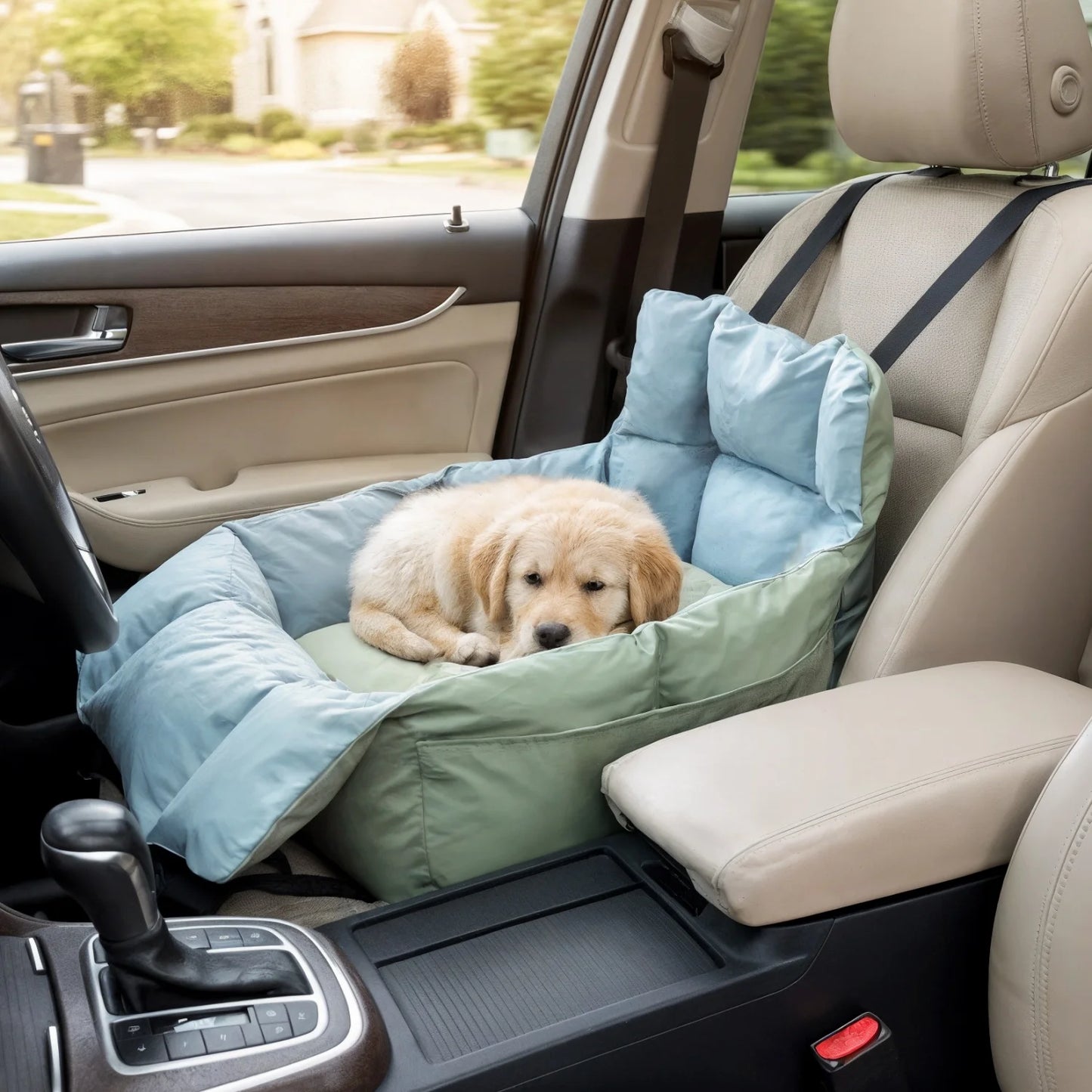 Ultra Soft Dog Car Seat for Small Dogs up 22 lbs Pet Booster Travel Carrier Bed w/ Safety Belt and Storage Pockets, Black/Green