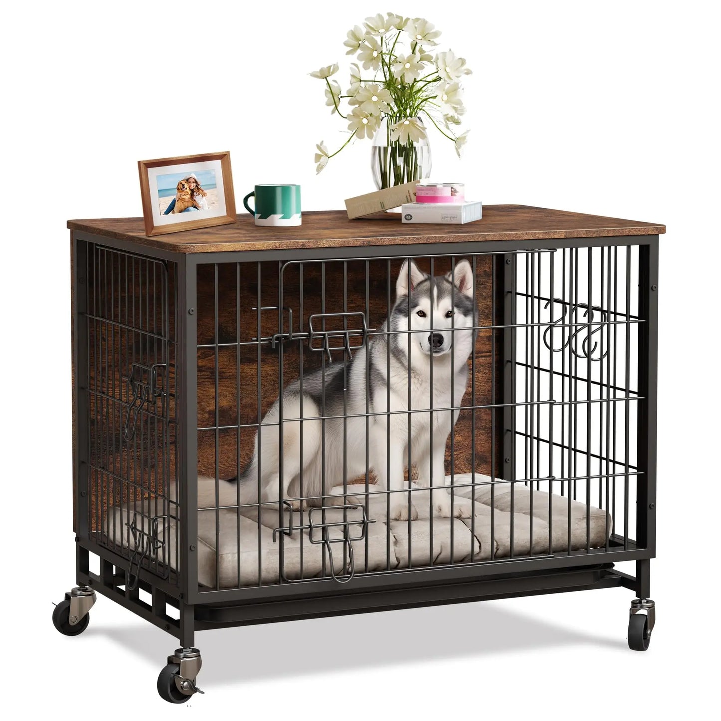 Heavy Duty Metal Dog Crate, Indoor Outdoor Pet Kennel Cage with Shelves, Storage Cabinet, Modern Decorative Dog Cage Furniture,
