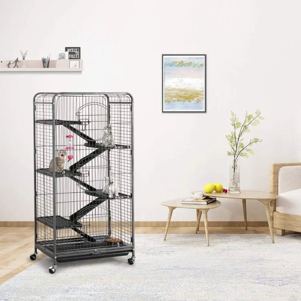 52-inch Ferret Cage 6 Level Metal Rat Cage with 3 Front Doors/Feeder/Wheels Small Animal Cage for Ferret/Chinchilla/Bu