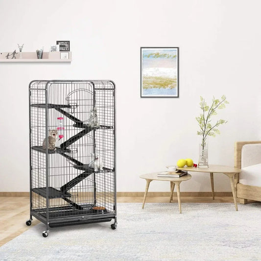 52-inch Ferret Cage 6 Level Metal Rat Cage with 3 Front Doors/Feeder/Wheels Small Animal Cage for Ferret/Chinchilla/Bu