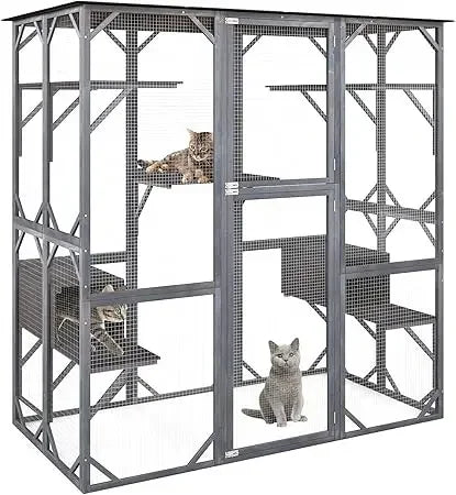 Outdoor Cat Enclosure Large, 71 Inch Outdoor Cat House Weatherproof with Asphalt Roof, Wooden Cat Cage Playpen