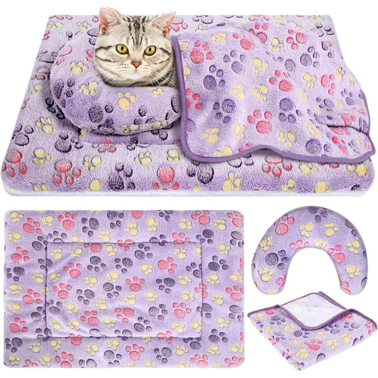 Indoor Cat Bed Mat with Soft Fleece Blanket and Fluffy U-Shaped Neck Pillow for Small Dogs and Cats Washable Warm Calming Half