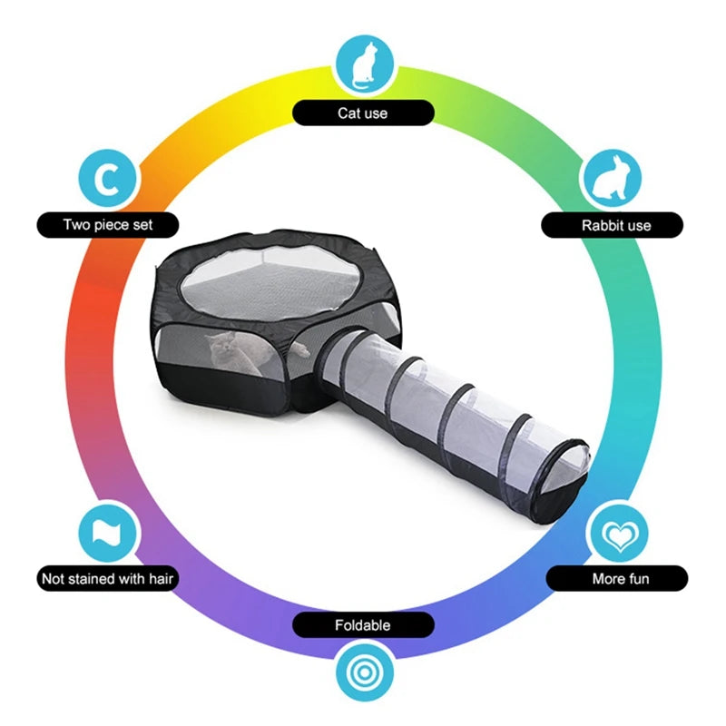 Cat Tunnel Cage House 2 in 1 Interactive Foldable Outside Play Tent and Tunnel for Bunnies Kitten Rabbits Hamster Ferrets Black