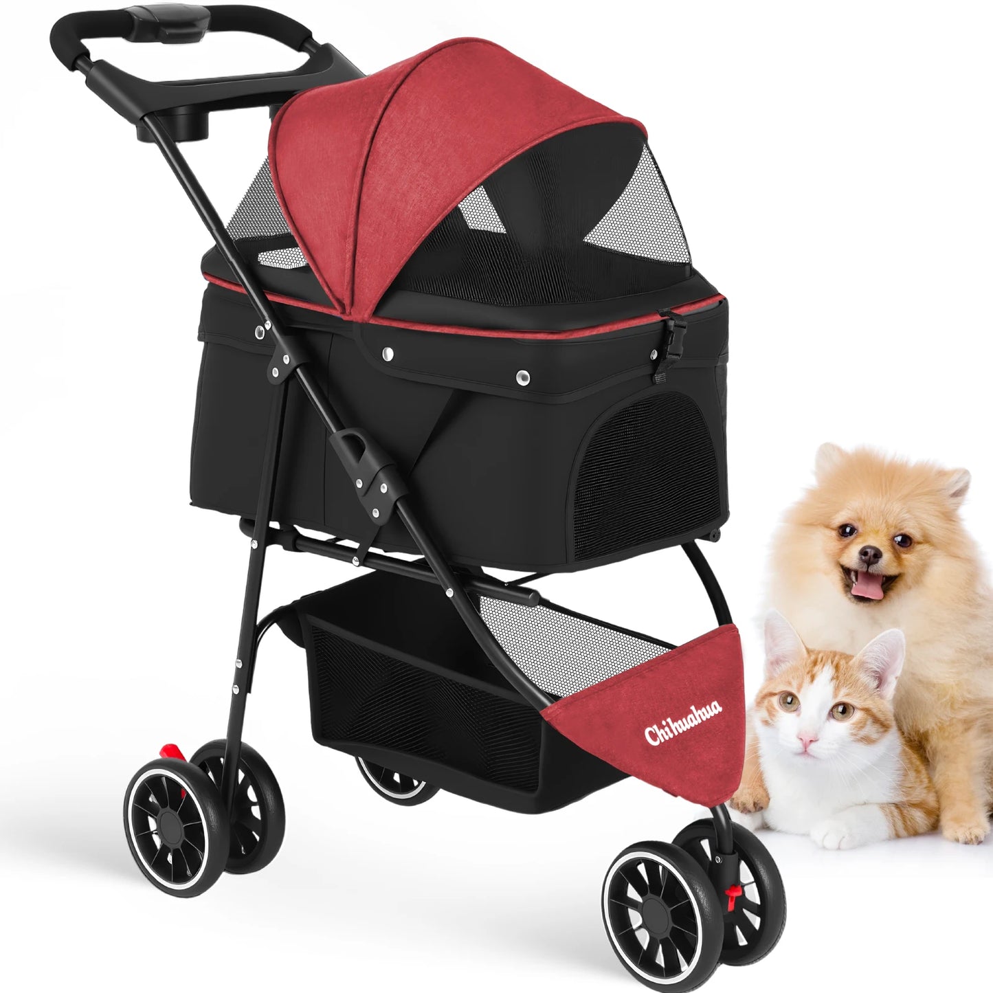 Portable Foldable Pet Stroller for Small Dogs & Cats, Travel Carrier with Canopy, Storage Basket